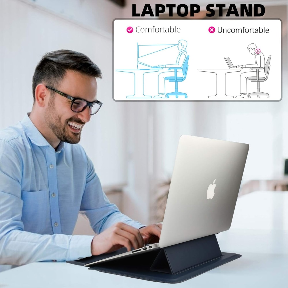 Husa/Carcasa Laptop 13/14 inch, Piele PU Eco, Compatibila MacBook Air 13 (M1 M2 M3), MacBook Pro 13/14, Surface Pro/Go, Surface Laptop, Dell XPS 13, ThinkPad X1, Zenbook 14, cu Suport Pliabil, Protectie, Albastru
