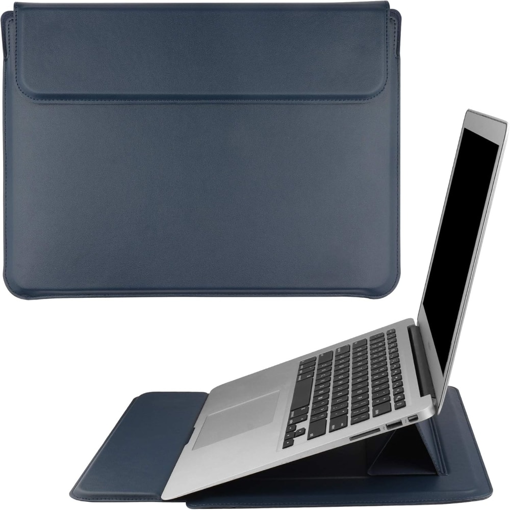 Husa/Carcasa Laptop 13/14 inch, Piele PU Eco, Compatibila MacBook Air 13 (M1 M2 M3), MacBook Pro 13/14, Surface Pro/Go, Surface Laptop, Dell XPS 13, ThinkPad X1, Zenbook 14, cu Suport Pliabil, Protectie, Albastru