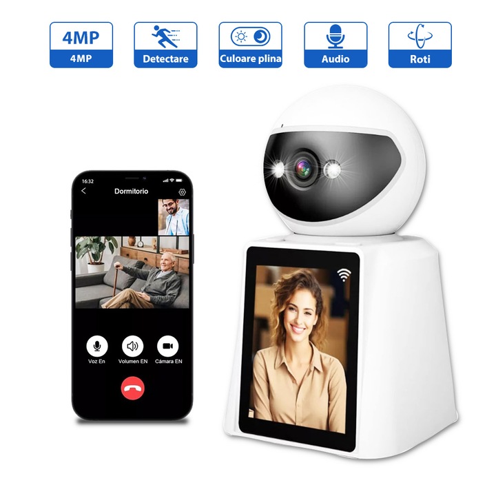 Camera de supraveghere inteligenta, ecran de 2, 8 inchi, 4MP, rotatie la 360°, monitor pentru bebelusi, wireless, vedere pe timp de noapte color, detectare inteligenta AI, sunet bidirectional, alarma sonora si luminoasa, control vocal, ONVIF