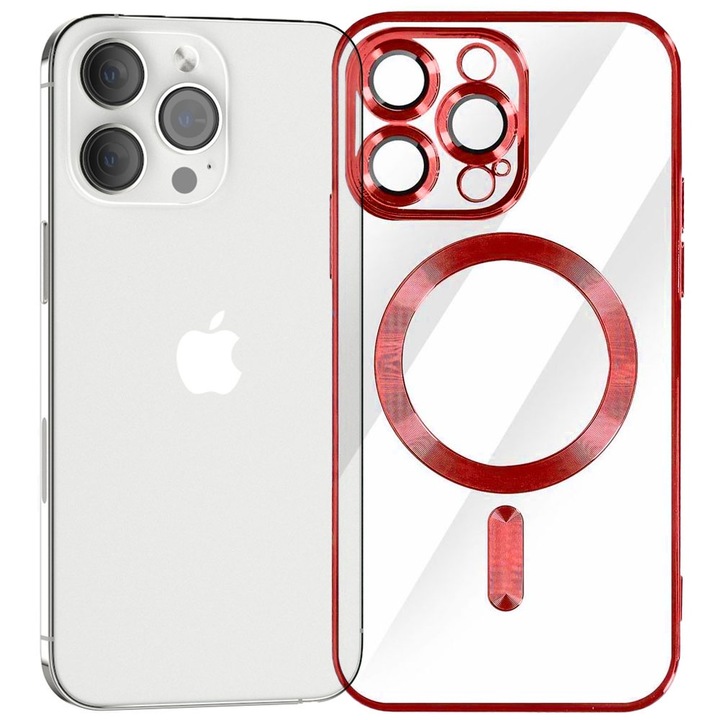 Husa tip MagSafe pentru Apple iPhone 13 Pro Max, Glamour MagCase, Protectie lentile camere, Rama electroplacata, Accente metalizate, Margini ridicate, Incarcare wireless, Magnetica, Rosu
