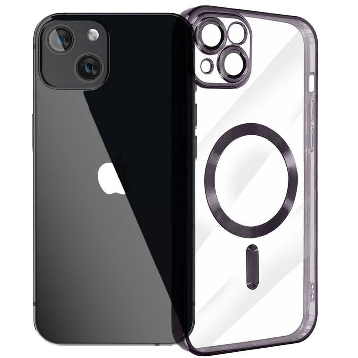 Husa tip MagSafe pentru Apple iPhone 13, Glamour MagCase, Protectie lentile camere, Rama electroplacata, Accente metalizate, Margini ridicate, Incarcare wireless, Magnetica, Negru