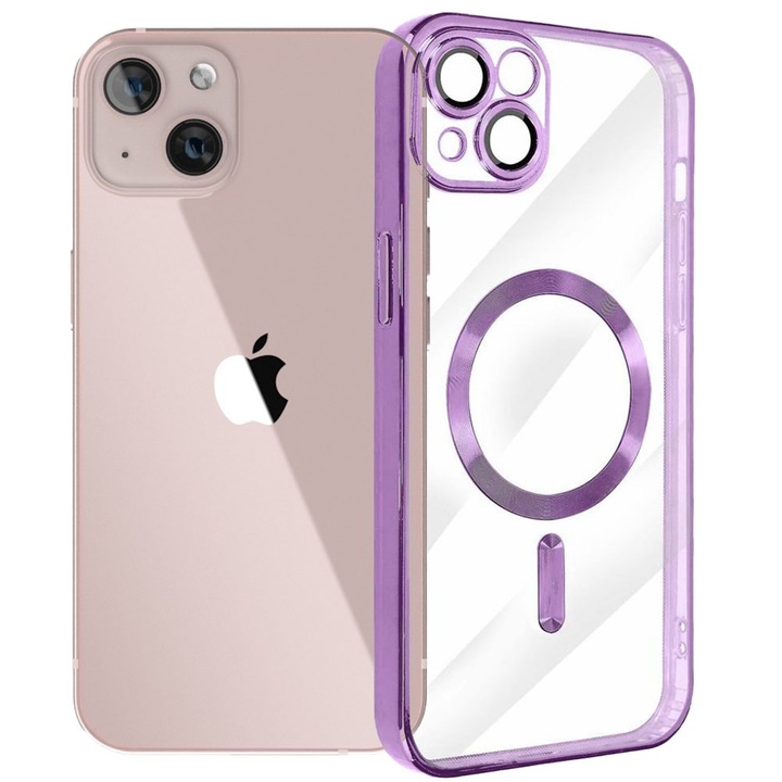 Husa tip MagSafe pentru Apple iPhone 13, Glamour MagCase, Protectie lentile camere, Rama electroplacata, Accente metalizate, Margini ridicate, Incarcare wireless, Magnetica, Mov