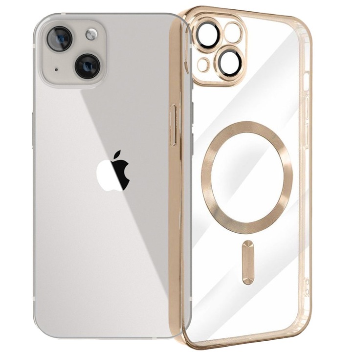 Husa tip MagSafe pentru Apple iPhone 13, Glamour MagCase, Protectie lentile camere, Rama electroplacata, Accente metalizate, Margini ridicate, Incarcare wireless, Magnetica, Auriu