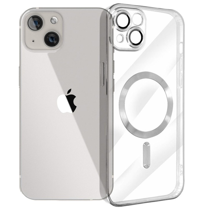 Husa tip MagSafe pentru Apple iPhone 13, Glamour MagCase, Protectie lentile camere, Rama electroplacata, Accente metalizate, Margini ridicate, Incarcare wireless, Magnetica, Argintiu