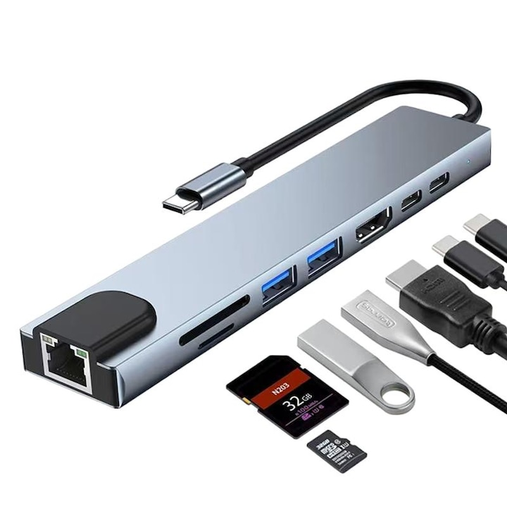 Мултифункционална 8-в-1 докинг станция Type-C, 100Mbps, USB 3.0, 4K, универсална