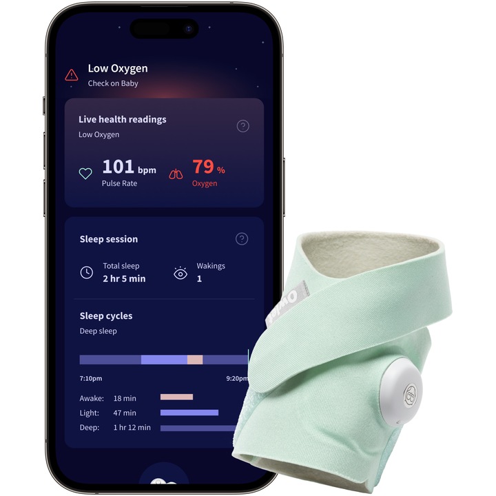 Dispozitiv inteligent pentru monitorizarea bebelusului Owlet Dream Sock Mint, certificat medical, 0-18 luni, 2.5-13.6 kg, verde