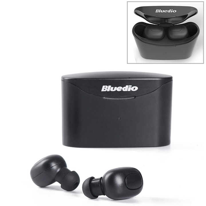 Casti Bluetooth In-Ear Bluedio TWS T-elf, Bluetooth 5.0, Cabina Incarcare, Negru