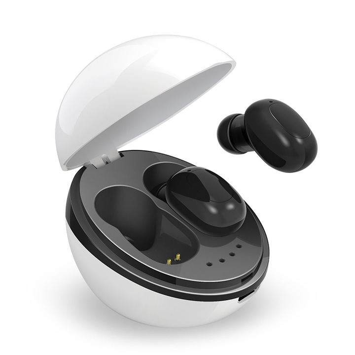 Casti Wireless In-Ear TWS A10, Bluetooth 5.0, Autonomie 3-4h, Cutie Incarcare Magnetica, Lant, Alb & Negru (116 caractere)