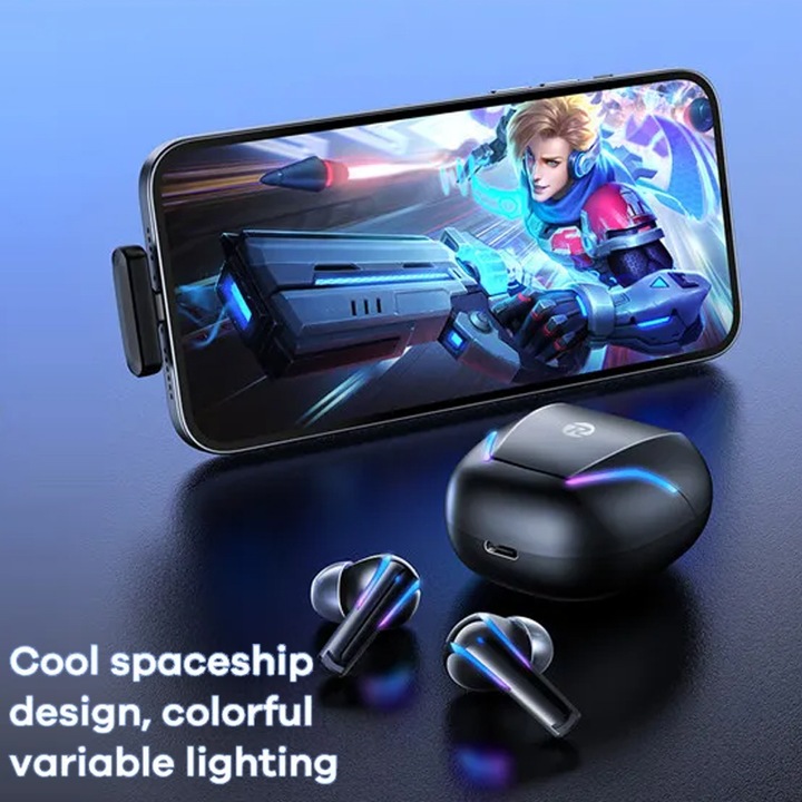 Casti Wireless Gaming REMAX Gamebuds G7, Bluetooth 2.4G, Mode Gaming/Muzica/TWS, Lumina Galbena, Autonomie 30h, Negru