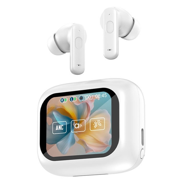Casti Bluetooth In-Ear LY30 ANC+ENC, Touch Screen Colorat, Reducere Zgomot, Bluetooth 5.4, Sunet HiFi, Alb