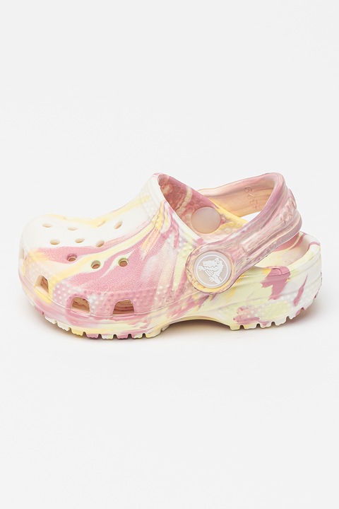Crocs, Saboti slingback cu model tie-dye si perforatii, Alb/Galben/Roz deschis