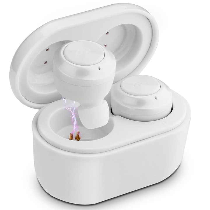 Casti Wireless In-Ear BTH-A6, Bluetooth 5.0, Cutie Incarcare Magnetica (Alb), Calitate Sunet Ridicata, Reducere Zgomot, Autonomie 3h, Distanta Lucru 10m