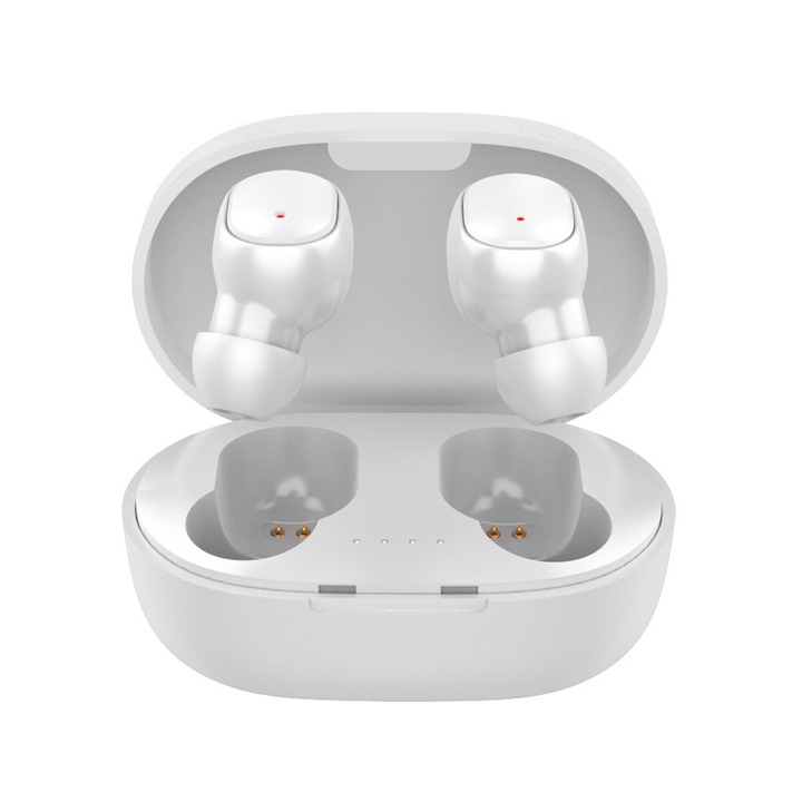 Casti Wireless In-Ear A6S, Bluetooth 5.0, IPX4, Microfon, Cutie Incarcare, Alb