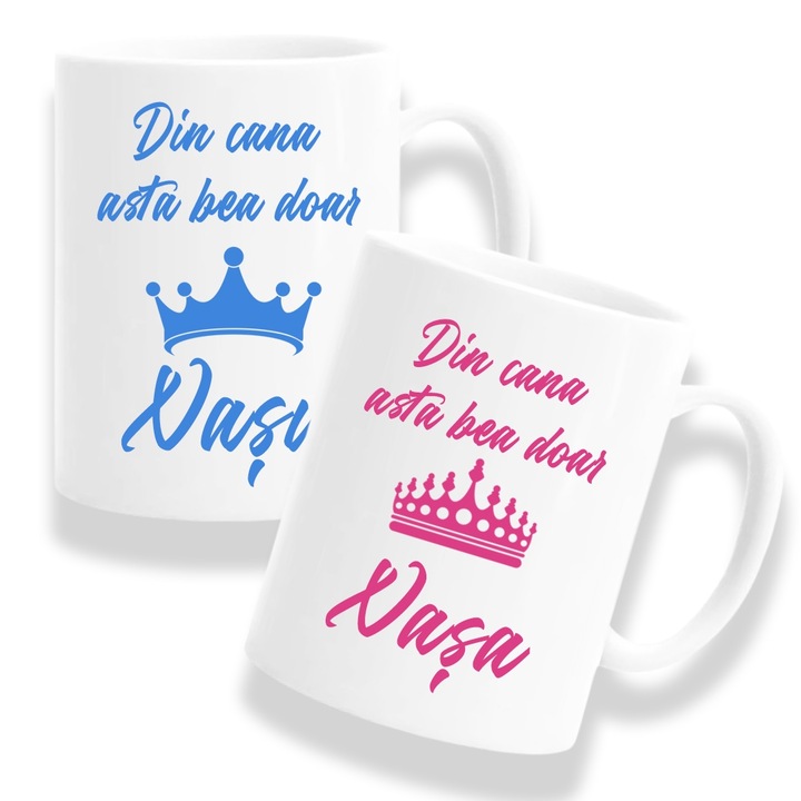 Set 2 Cani personalizate pentru Nasi cu mesaj: "Din cana asta bea doar Nasu/Nasa", Model coroana, Betaprint, 330ml, alba, ceramica