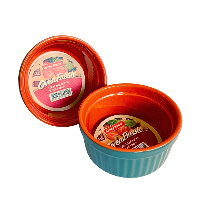 Комплект от 2 малки керамични тавички, форми за печене на мъфини, торти, крем брюле, пудинги, омлети, кръгли, 9,5 х 5 см, 220 мл, червена+сива