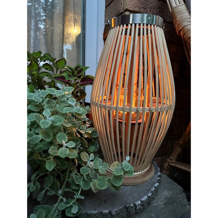 Felinar din bambus, decorativ, H&S Collections, constructie rezistenta, suport interior de sticla pentru lumanare, maner din franghie, detasabil, potivit pentru interior sau exterior