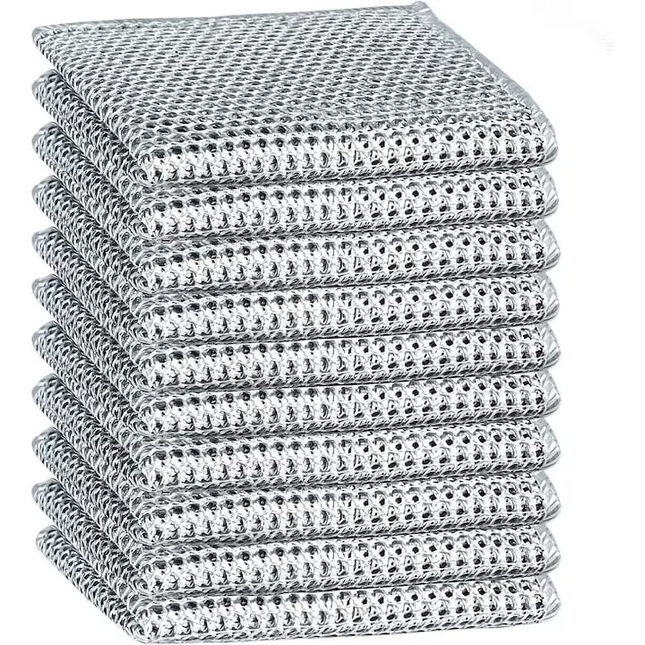 Set 10 lavete cu dublu strat, din fibra abraziva pentru vase, utilizare umeda si uscata, carpa de sarma, 20 x 20 cm, Argintiu