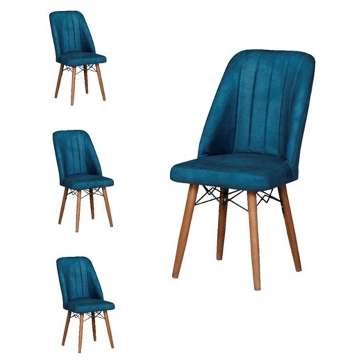 Set scaune Berlin Albastru, 4 bucati, pentru living si bucatarie, tapitate cu material textil, picioare lemn, 98cm x 45cm x 45 cm - Desire Furniture