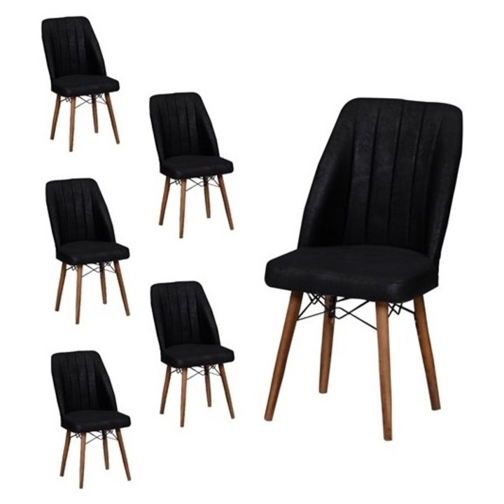Berlin Fekete székkészlet, 6 részes, nappaliba és konyhába, szövettel kárpitozva, fa lábakkal, 98cm x 45cm x 45 cm - Desire Furniture