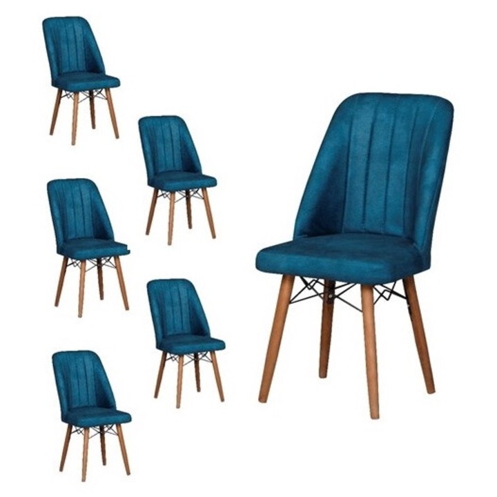 Set scaune Berlin Albastru, 6 bucati, pentru living si bucatarie, tapitate cu material textil, picioare lemn, 98cm x 45cm x 45 cm - Desire Furniture