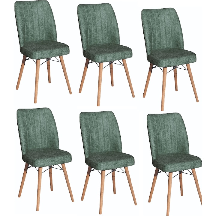 Set scaune Berlin Verde, 6 bucati, pentru living si bucatarie, tapitate cu material textil, picioare lemn, 98cm x 45cm x 45 cm - Desire Furniture