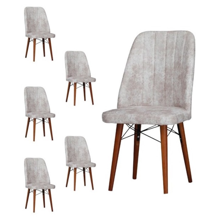 Set scaune Berlin Crem, 6 bucati, pentru living si bucatarie, tapitate cu material textil, picioare lemn, 98cm x 45cm x 45 cm - Desire Furniture