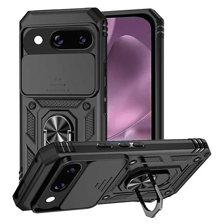 Husa telefon, compatibila cu Google Pixel 9a, Rugged Shield LensProtect, Anti-soc, Capac glisant pentru camere, Protectie lentile, Acoperire completa, Inel de prindere, Magnet, Negru