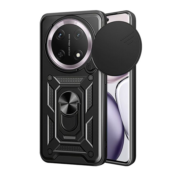 Калъф за телефон, съвместим с Honor Magic5 Lite, Rugged Shield LensProtect, Anti-shock, Плъзгащ се капак на камерата, Защита на обектива, Пълно покритие, Пръстен за ръкохватка, Магнит, Черен