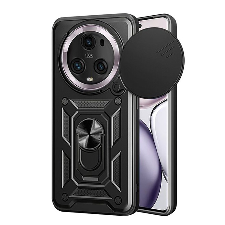 Калъф за телефон, съвместим с Honor Magic5 Pro, Rugged Shield LensProtect, Anti-shock, Плъзгащ се капак на камерата, Защита на обектива, Пълно покритие, Пръстен за захващане, Магнит, Черен
