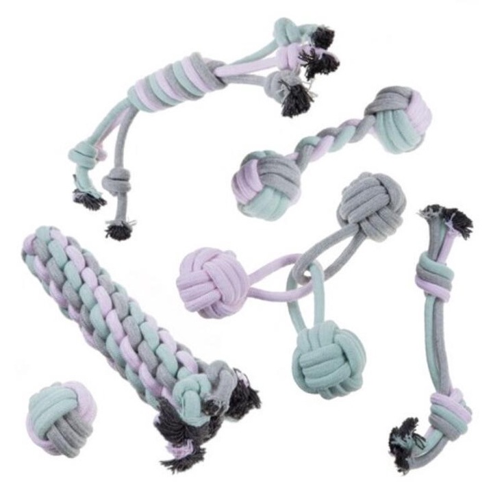 Set 6 jucarii din funie pentru animale, Kiwari, poliester si bumbac, lavabil si rezistent la muscaturi, Multicolor