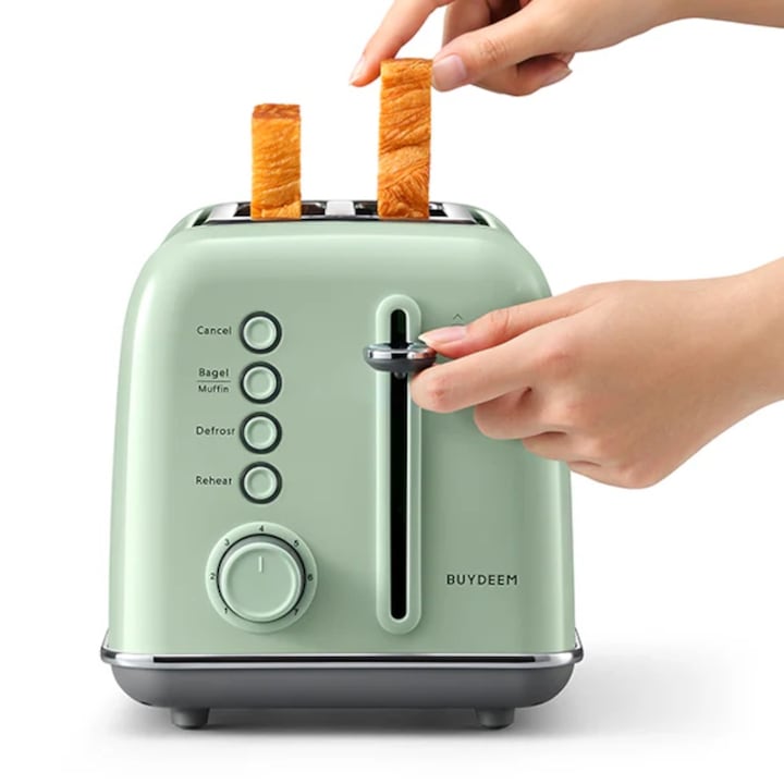 Ретро тостер за 2 филийки, BUYDEEM изключително широки отвори, функция за багел и мъфини, подвижна тава за трохи, 7 настройки на тост