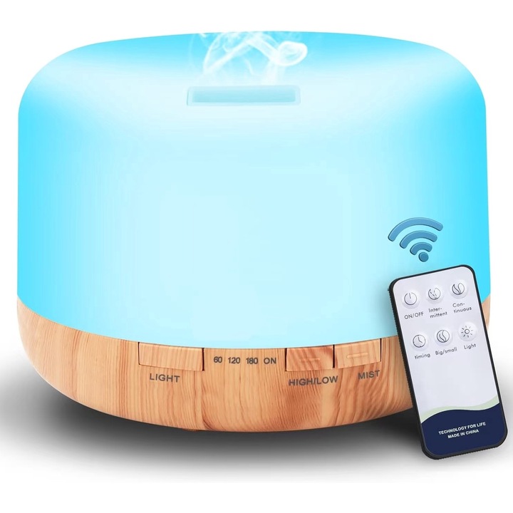 Difuzor de uleiuri esentiale de 500 ML Mod de ceata reglabil si oprire automata fara apa cu telecomanda fara fir, 7 culori de lumina LED pentru birou acasa dormitor sufragerie