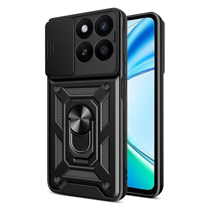 Калъф за телефон, съвместим с Honor X5b, Rugged Shield LensProtect, Anti-shock, Плъзгащ се капак на камерата, Защита на обектива, Пълно покритие, Пръстен за ръкохватка, Магнит, Черен
