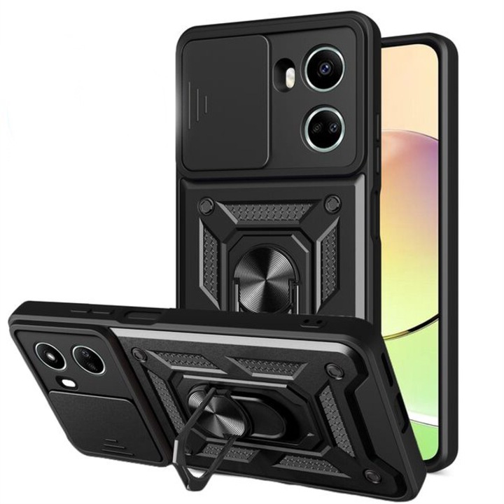 Калъф за телефон, съвместим с Huawei Nova 11 / Nova 12s, Rugged Shield LensProtect, Anti-shock, Плъзгащ се капак на камерата, Защита на обектива, Пълно покритие, Грип пръстен, Магнит, Черен