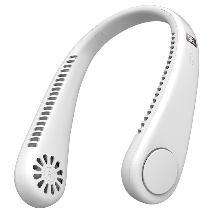 Mini ventilator portabil pentru gat，Mini ventilator cu gat portabil fara frunze atarnat cu gat 1200mAh racitor de aer reincarcabil cu 3 viteze mini ventilator sportiv de vara, alb