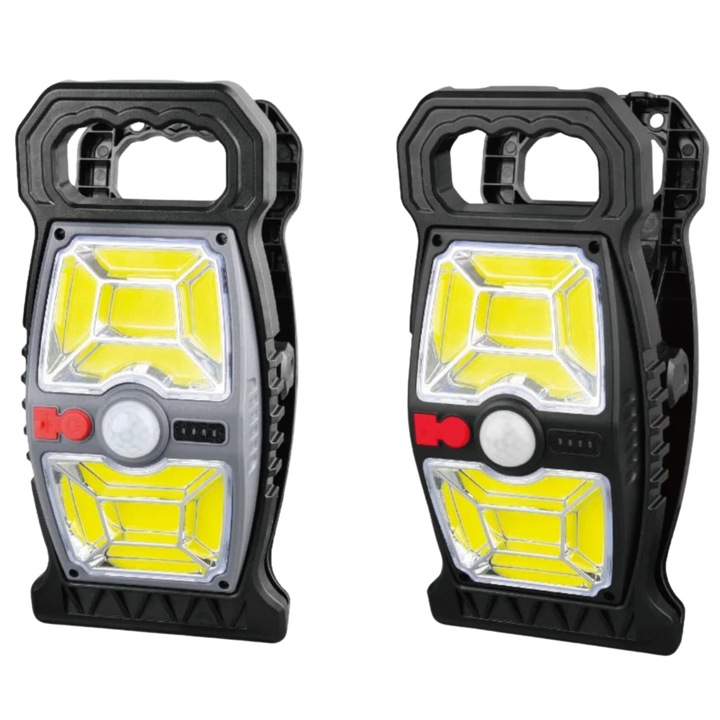 Solar LED lámpa mozgásérzékelővel és kapcsos - YX-667C modell, automatikus világítás, napelemes újratöltés és USB Type-C, IP65, 3 üzemmód