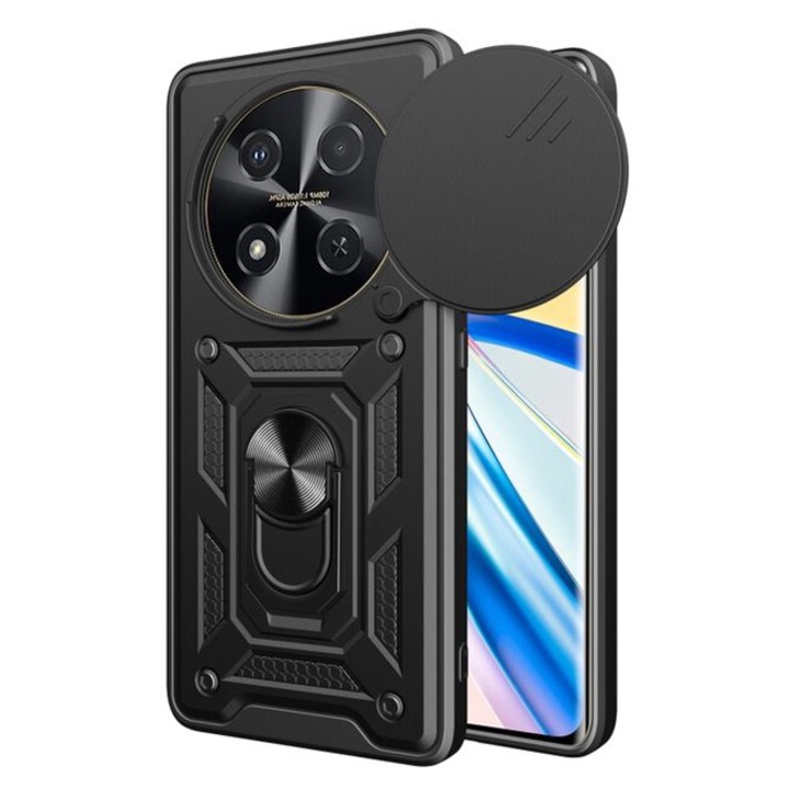 Калъф за телефон, съвместим с Huawei Nova 12i / 13i, Rugged Shield LensProtect, Anti-shock, Плъзгащ се капак на камерата, Защита на обектива, Пълно покритие, Грип пръстен, Магнит, Черен