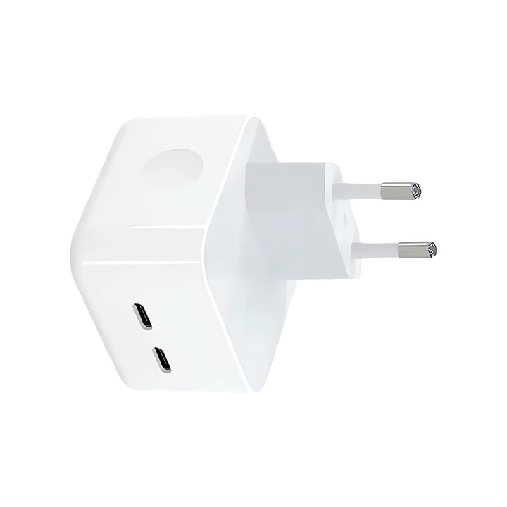 Bervolo® hálózati töltő, 2 USB Type-C porttal, 35W, Gyors töltés Power Delivery & QC 3.0 technológiával, Szupergyors töltőadapter, Fejlett védelem, Kompatibilis iPhone 15/16, Samsung, Huawei, Google Pixel, Oppo készülékekkel, Utazási csomag, Fehér