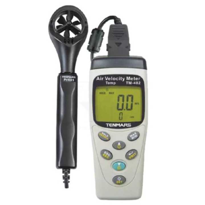 Професионален анемометър, Tenmars Taiwan, модел TM-402, с изнесен сензор 30мм, сертификат за калибрация, цвят бял