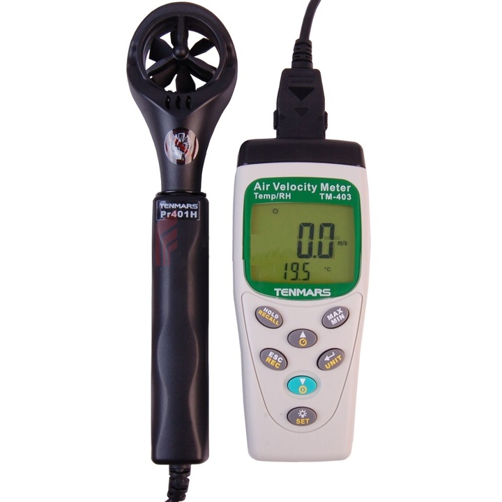Професионален анемометър, Tenmars Taiwan, модел TM-403, влагомер, DEW, с изнесен сензор 30 мм, сертификат за калибрация, цвят бял