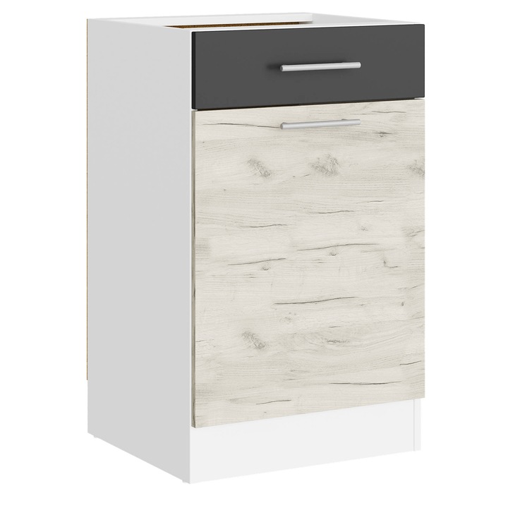 Corp inferior bucatarie, ECO 500, Everest Mebel, 1 sertar/1 usa, 50 x 82 x 46 cm, Alb/Kraft stejar alb