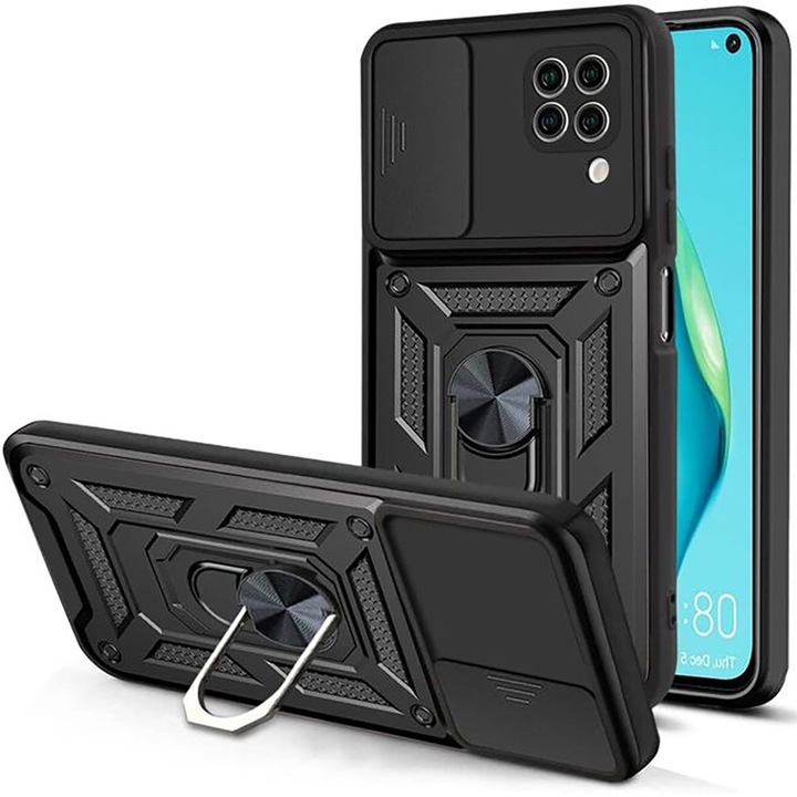 Husa telefon, compatibila cu Huawei P40 Lite, Rugged Shield LensProtect, Anti-soc, Capac glisant pentru camere, Protectie lentile, Acoperire completa, Inel de prindere, Magnet, Negru