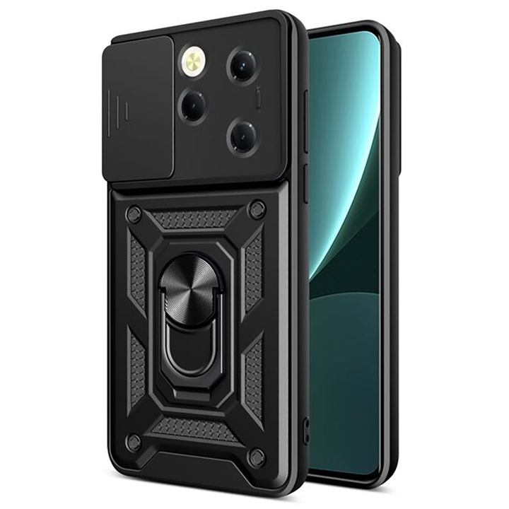 Telefontok, Infinix Hot 40 / 40 Pro / Tecno Spark 20 Pro-val kompatibilis, Rugged Shield LensProtect, Ütésálló, Csúszó kamerafedél, Lencsevédelem, Teljes lefedettség, Fogógyűrű, Mágnes, Fekete
