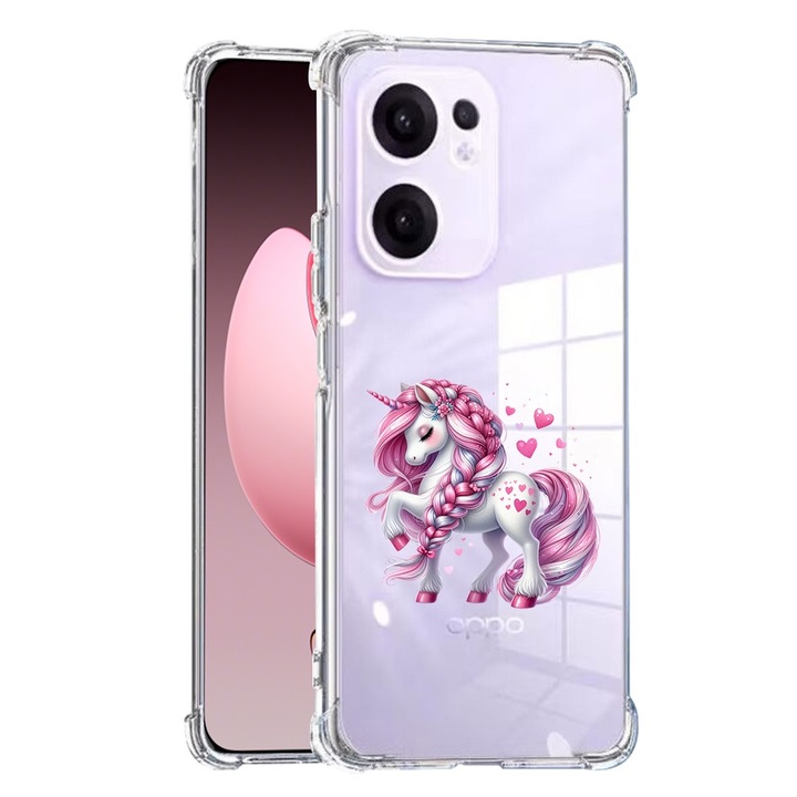 Противоударен калъф за oppo reno13 f, airbag, розов еднорог, прозрачен