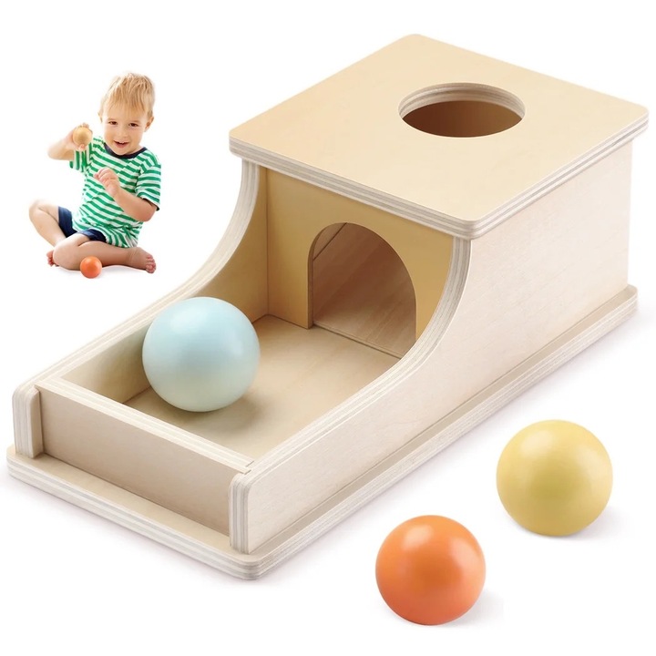 Oktatójáték, tárgytartós doboz tálcával és 3 labdával, 6-12 hónapos, 1-3 éves babáknak, 22x11x8cm