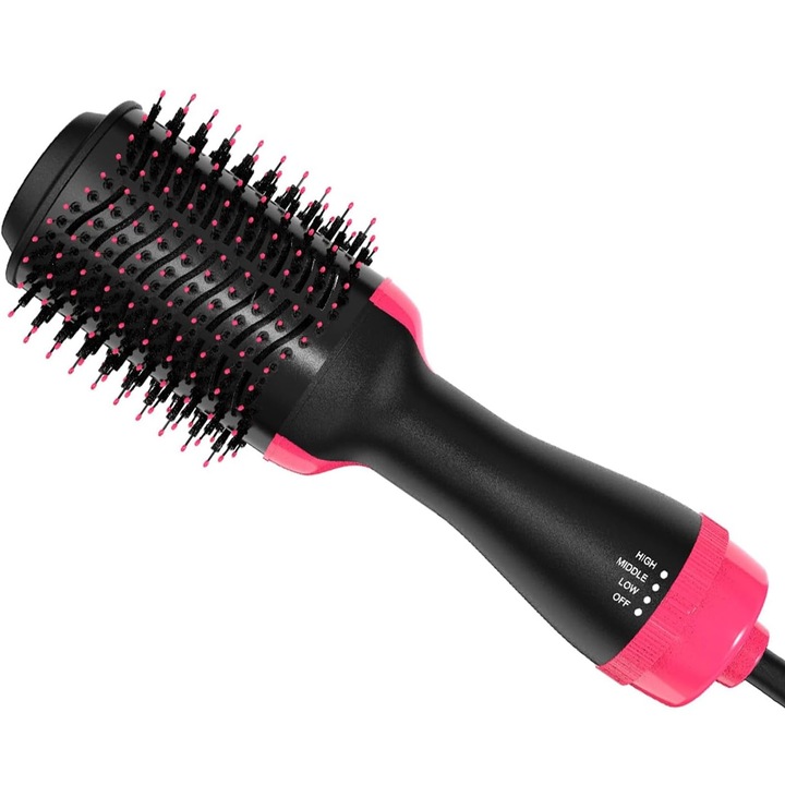 Perie de par electrica, Hggzeg, Perie rotativa, 3 trepte de temperatura/viteza, 220v, 1000W, Grile de ventilare, Incalzire rapida, Potrivit pentru orice lungime si tip de par, Metal/Piastic, 31.6 * 7.7cm, Negru/Roz