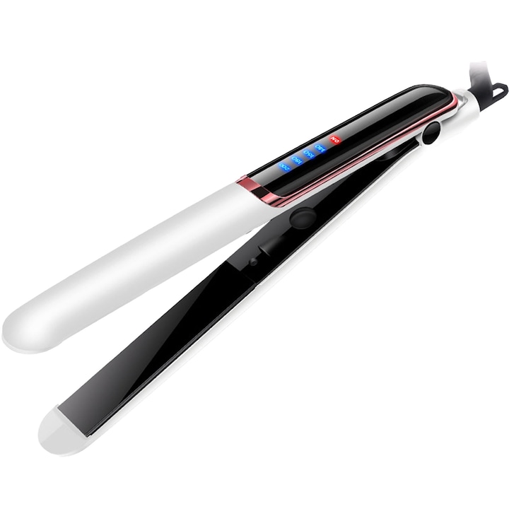 Placa de indreptat parul, Hggzeg, Placa de indreptat si ondulat parul curler 2 in 1, Utilizare umeda/uscata, Reglare a temperaturii pe 4 niveluri, 140~200℃, 10s incalzire rapida, Cablu rotativ 360, Afisaj LCD, Metal, 30 * 3cm, Alb