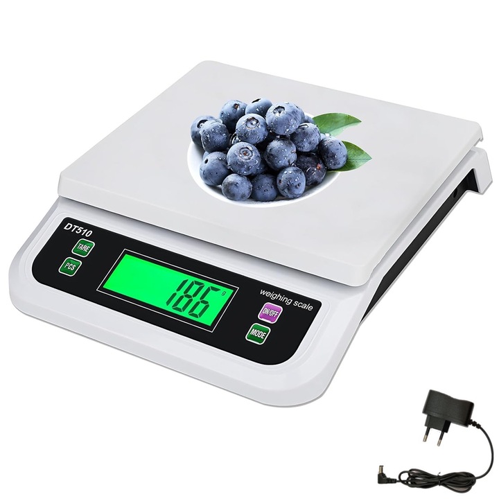 Везна, Hggzeg, цифрова, електронна,, С адаптер, батерии, До 30 кг, Точност 1 г, LCD дисплей, Зелен гръб, Функция тара, Пластмаса/Неръждаема стомана, 22,5 x 28 x 5,5 см, Бяло/Черно