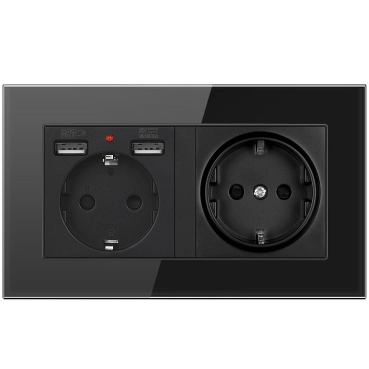 Двоен контакт със стъклена рамка, Hggzeg, Заземен разклонител, С индикаторна светлина, 2 контакта, 2 x USB, Вграден монтаж, 250V/16A, Подходящ за кухненски, домашни и офис уреди, Метален, 14.6 x 8.6 x 4.5 см, Черен