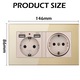 Priza dubla cu rama din sticla, Hggzeg, Priza splitter cu impamantare, Cu indicator luminos, 2 prize, 2 x USB, Montaj incastrat, 250V/16A, Potrivit pentru aparate de bucatarie, de casa si de birou, Metal, 14.6 x 8.6 x 4.5cm, Auriu